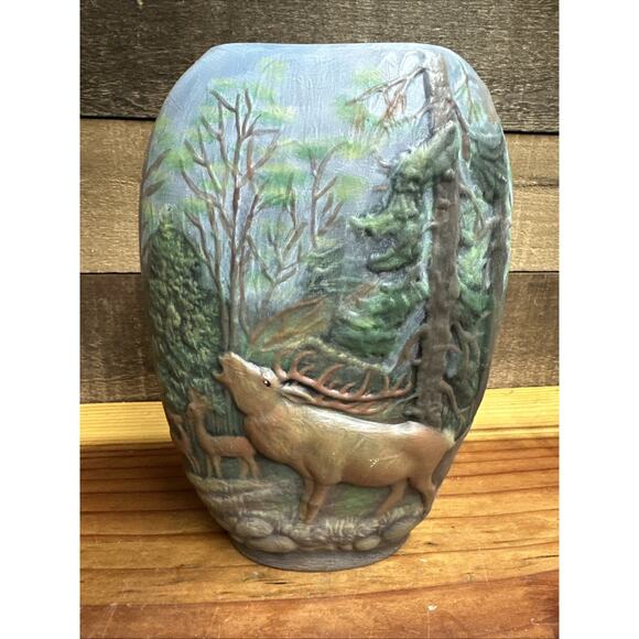 VTG 3D Ceramic Elk Wilderness Nature Scene Vase 8.5x6.5 Hand painted - Picture 1 of 7